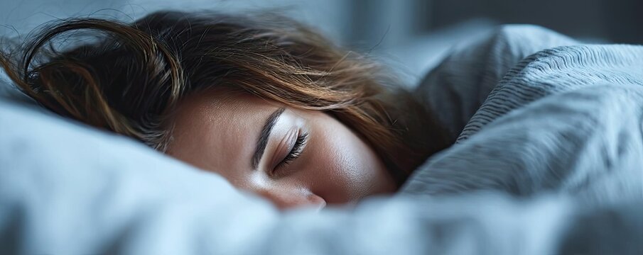 Disrupted sleep concept. A peaceful woman sleeping soundly in a cozy bed.