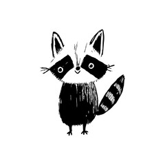 Happy raccoon with striped tail and pointed ears in playful hand-drawn black SVG doodle style for woodland nursery prints, greeting cards, and autumn-themed decor