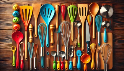 A set of colorful kitchen utensils neatly arranged on a wooden countertop 