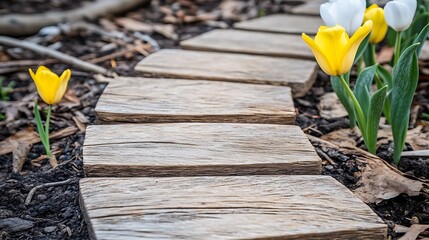 Rustic wooden pathway through garden with vibrant tulips offering a tranquil escape