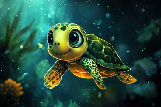 vector cute turtle cartoon style, Adorable vector illustration of a cartoon turtle, featuring a cheerful expression and a vibrant shell design
