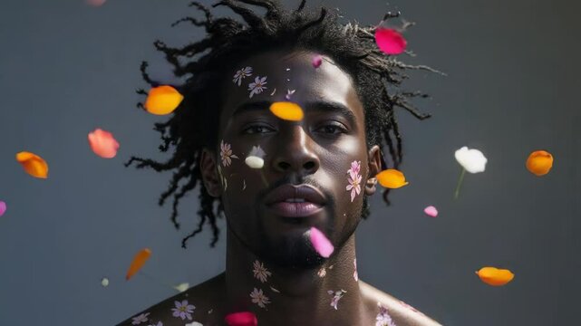 Fan blowing petals around shirtless model in studio, forming portrait with floral decals