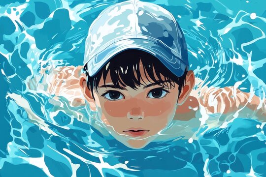 Vector illustration of a boy in a cap swimming in the pool, A vector image depicting a boy in a cap enjoying a swim in a pool