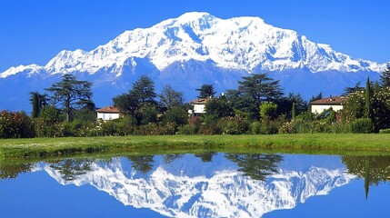 Scenic mountain landscape with reflections on the lake and clear blue sky