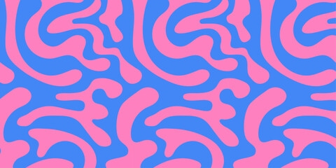 Abstract background pattern with colorful waves. Psychedelic groovy trippy y2k retro seamless pattern in blue and pink colors. Wavy and swirled brush strokes liquid background for packaging design