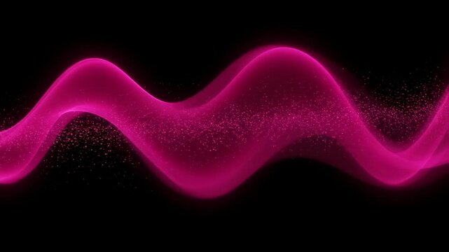 Animation of glowing pink wave, light ribbon with shiny particles moving smoothly on black background.Spectacular futage, abstract background
