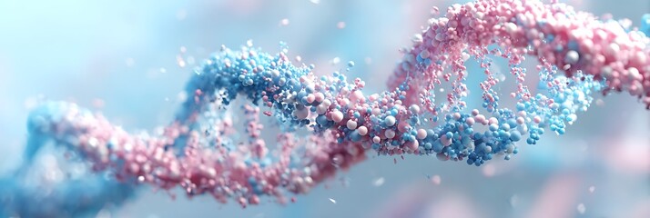 A close up view of a dna strand in pink and blue with small particles floating around it in soft focus