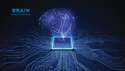 Blue AI brain linked to a circuit chip, symbolizing artificial intelligence operating through electronic systems. vector eps10