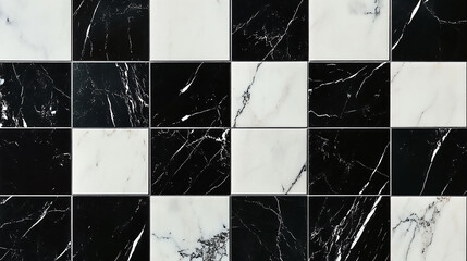 Alternating black and white marble tiles arranged in a grid pattern with visible veining details