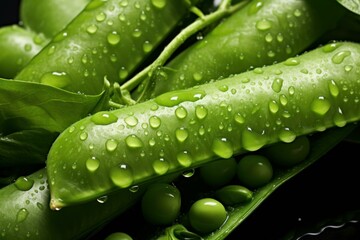 Close up of fresh green peas covered in water drops, conveying a sense of freshness and healthy eating