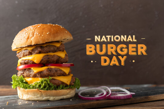 National Burger Day promotional photo with a huge triple-decker cheeseburger. A tall, juicy burger on a rustic slate board with fresh toppings. generative ai - Powered by Adobe