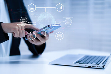 Social media digital in virtual icon globe shape business open his hand, working touch screen smartphone.