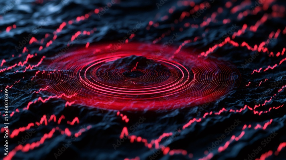Poster Red seismic waves are spreading on a dark ground from the epicenter during an earthquake simulation, suggesting a powerful tremor and potential destruction