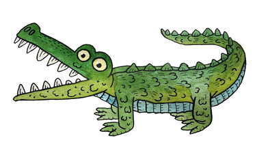 Crocodile Green Vintage Watercolor Handmade Cartoon Style Logo Print Liner Ink