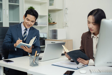 Project manager working and update tasks with milestones progress planning and professional...