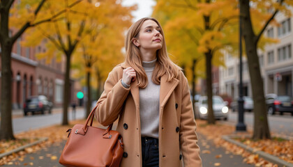 Fototapeta premium Young woman walking in autumn park with trees and fallen leaves 