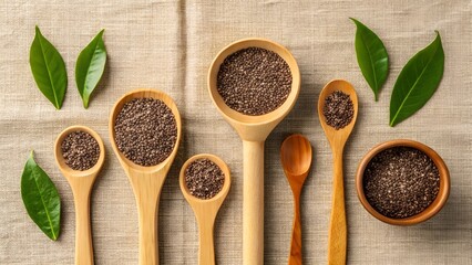 Chia seeds in wooden spoons and bowl with green leaves for contributor stock adobe