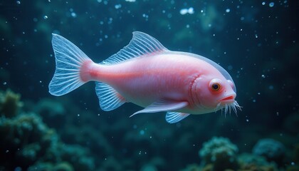 Fototapeta premium Underwater view of albino fish swimming in dark aquatic environment