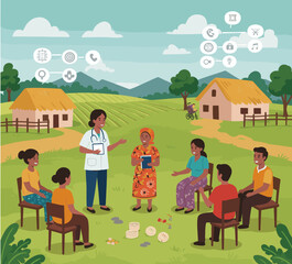 This vector image shows a healthcare professional educating a small group of people in a rural setting.
