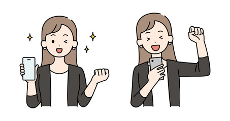スマホを持つ女性のイラストセット