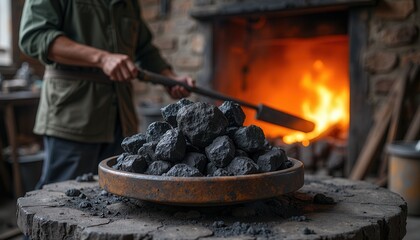 Blacksmith stoking forge fire with coal in rustic workshop