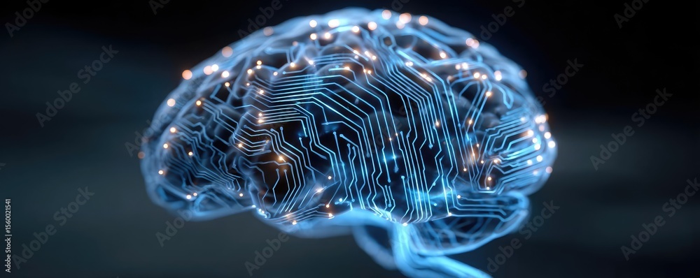 Aufkleber Brain reset concept. Futuristic digital brain with circuit patterns glowing softly.