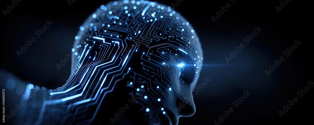 Aufkleber Brain reset concept. Futuristic robotic head with glowing circuitry and digital elements.
