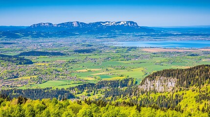 Scenic vista of swiss landscape with snow capped mountains and forested hills