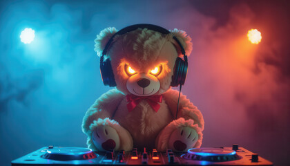 Cute evil halloween teddy dj with fog lights and copy space for halloween party