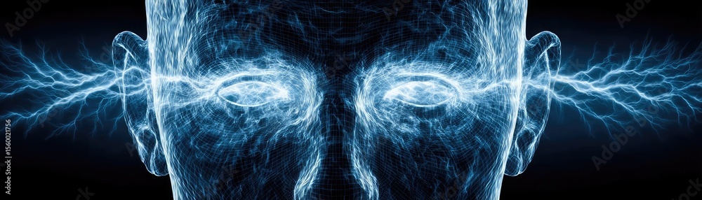 Poster brain reset concept. digital representation of human thought and electric energy flow.