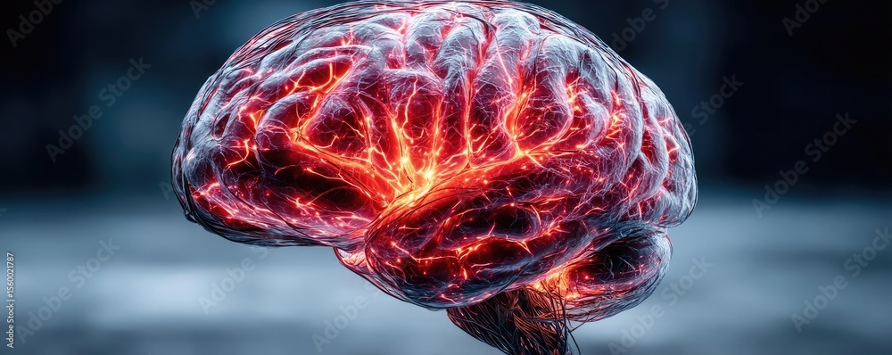 Poster Brain reset concept. A vivid representation of a brain with glowing neuron activity.