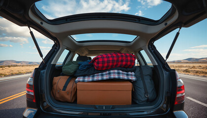Packed car trunk with luggage and blankets on a road trip  