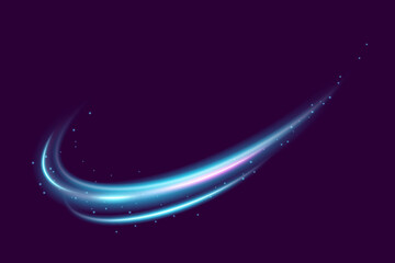 Neon light line effect with glow and speed. Abstract blue wave with magical swirl, trail and sparkle. Futuristic motion flare on dark background. Shiny digital vector shape with electric energy.