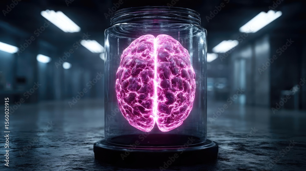 Poster Brain reset concept. A glowing brain in a jar representing advanced neuroscience.