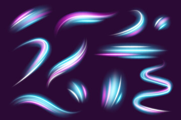 Neon light line effect on dark background. Glowing abstract blue and pink waves with speed motion, swirl trails, sparkles, flare and shine. Vector set of dynamic curved elements on transparent