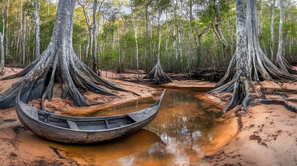 Serene Amazonian Landscape: A Traditional Boat Nestled Among Towering Trees and Tranquil Waters