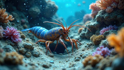 Colorful lobster exploring vibrant coral reef underwater