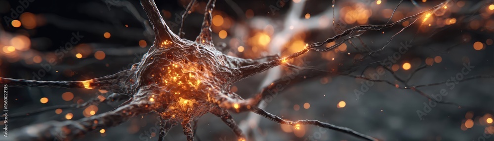 Fototapete Brain reset concept. Detailed image of a neuron with glowing connections and particles.