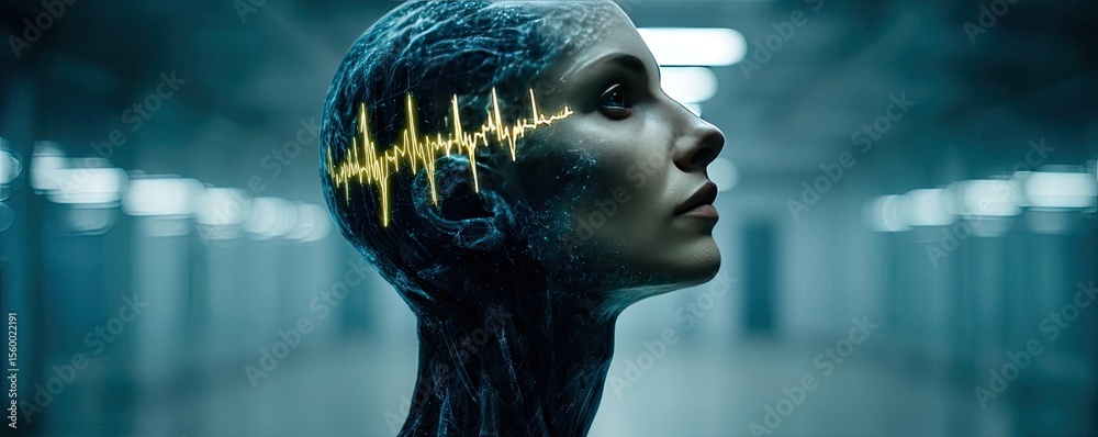 Poster brain reset concept. futuristic robot head with electronic heartbeat visual.