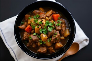 Hearty Beef Stew: Close-Up of Delicious Homemade Beef Stew with Potatoes and Carrots in a Black Bowl, Garnished with Cilantro