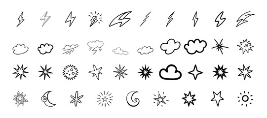  Weather and Celestial Icon Set, Lightning, Clouds, Sun, Moon, Stars Vector