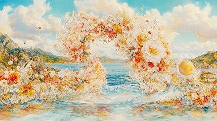 Serene floral archway seascape painting showcasing a vibrant dreamlike panorama offering a gateway