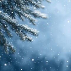 Obraz premium Snowy Winter Scene with Evergreen Branch and Gentle Flurry of Snow