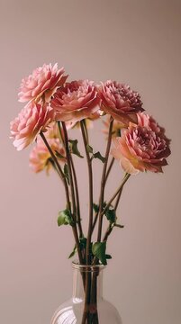 vase of dahlia blooms against plain pink studio background with vintage film vibe