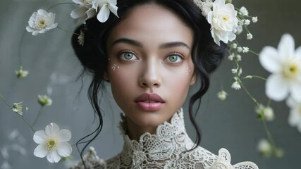 Reacting to recording cue, model opening green eyes and blinking in studio with floral headpiece - Powered by Adobe