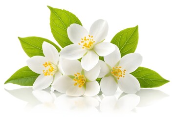 Obraz premium Fresh Jasmine Flowers with Green Leaves on White Background
