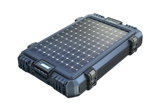 Rugged solar power bank with foldable panels Bright background and floating composition and even diffused lighting. Perfect for e‑commerce listings and product catalogs. High resolution and print rea