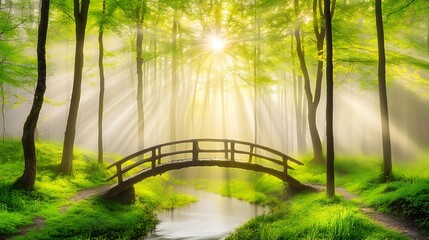 Serene forest landscape with sunbeams illuminating a wooden bridge and stream providing a tranquil