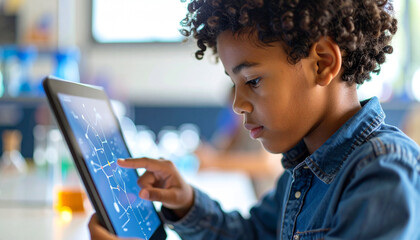 Curious Explorer's Digital Universe: A young, inquisitive child engrossed in interactive learning on a digital tablet, his gaze locked on the screen displaying a network of interconnected information.