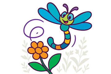 Vibrant Cartoon Dragonfly Circling a Flower – Playful Nature Illustration on White Background